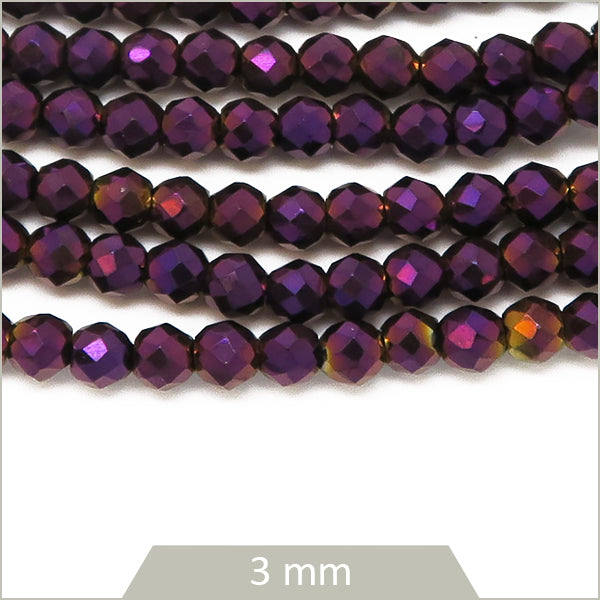 Env. 120 perles de verre rondes à facettes irisé violet, 3 mm