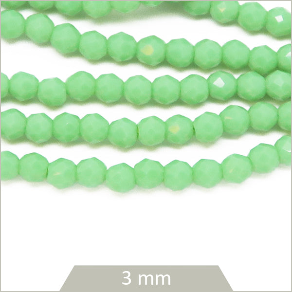 Env. 120 perles de verre rondes à facettes vert d'eau opaque, 3 mm
