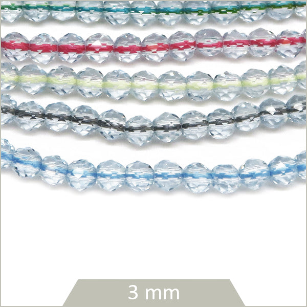 Env. 120 perles de verre rondes à facettes transparentes, 3 mm