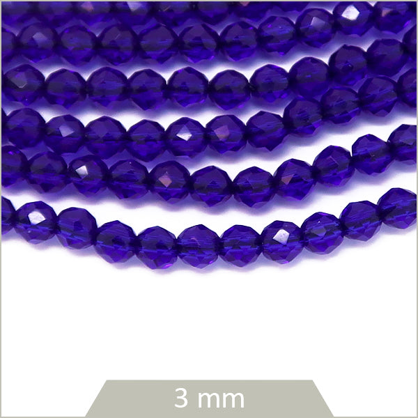 Env. 120 perles de verre rondes à facettes bleu cobalt, 3 mm