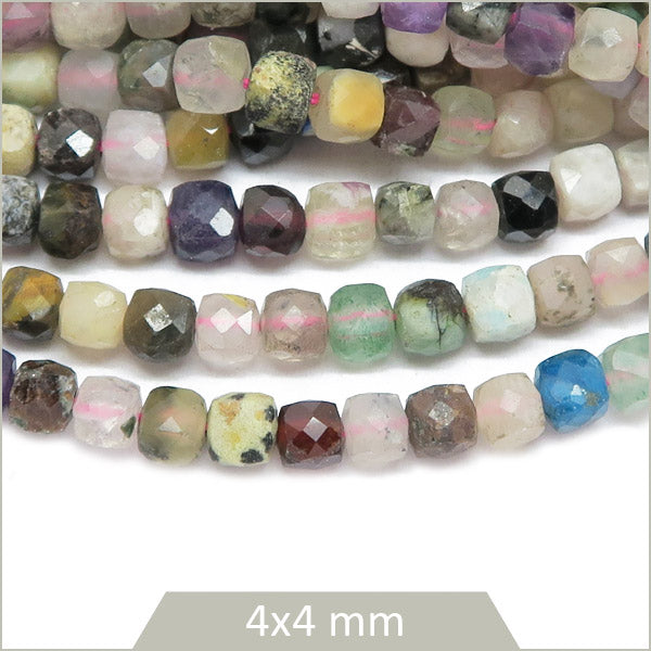 Env. 90 perles cubes facettées mix de pierres naturelles, 4x4 mm env.