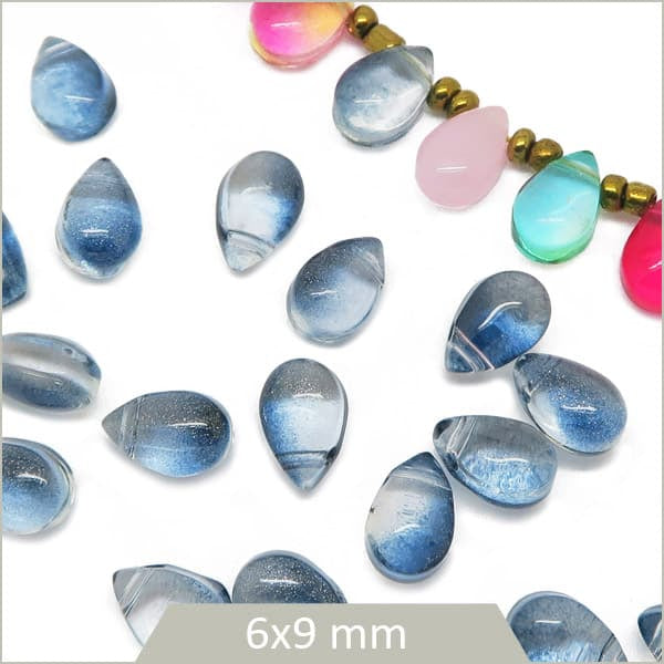 20 perles goutte en verre 6x9mm, bleu gris dégradé