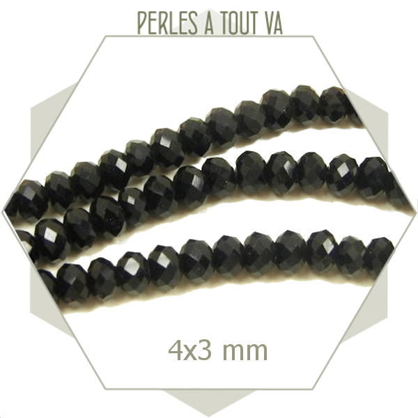 145 perles de verre donuts à facettes noires opaques  4x3 mm