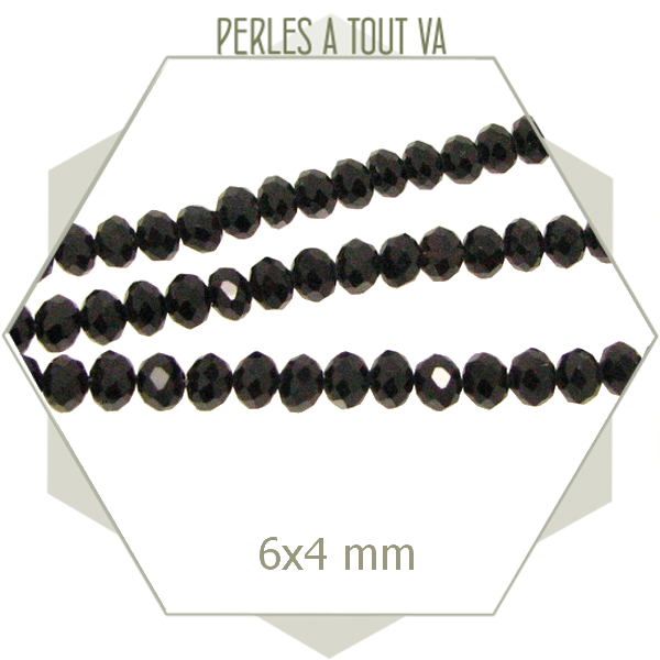 95 perles de verre à facettes donuts noires 6x4 mm